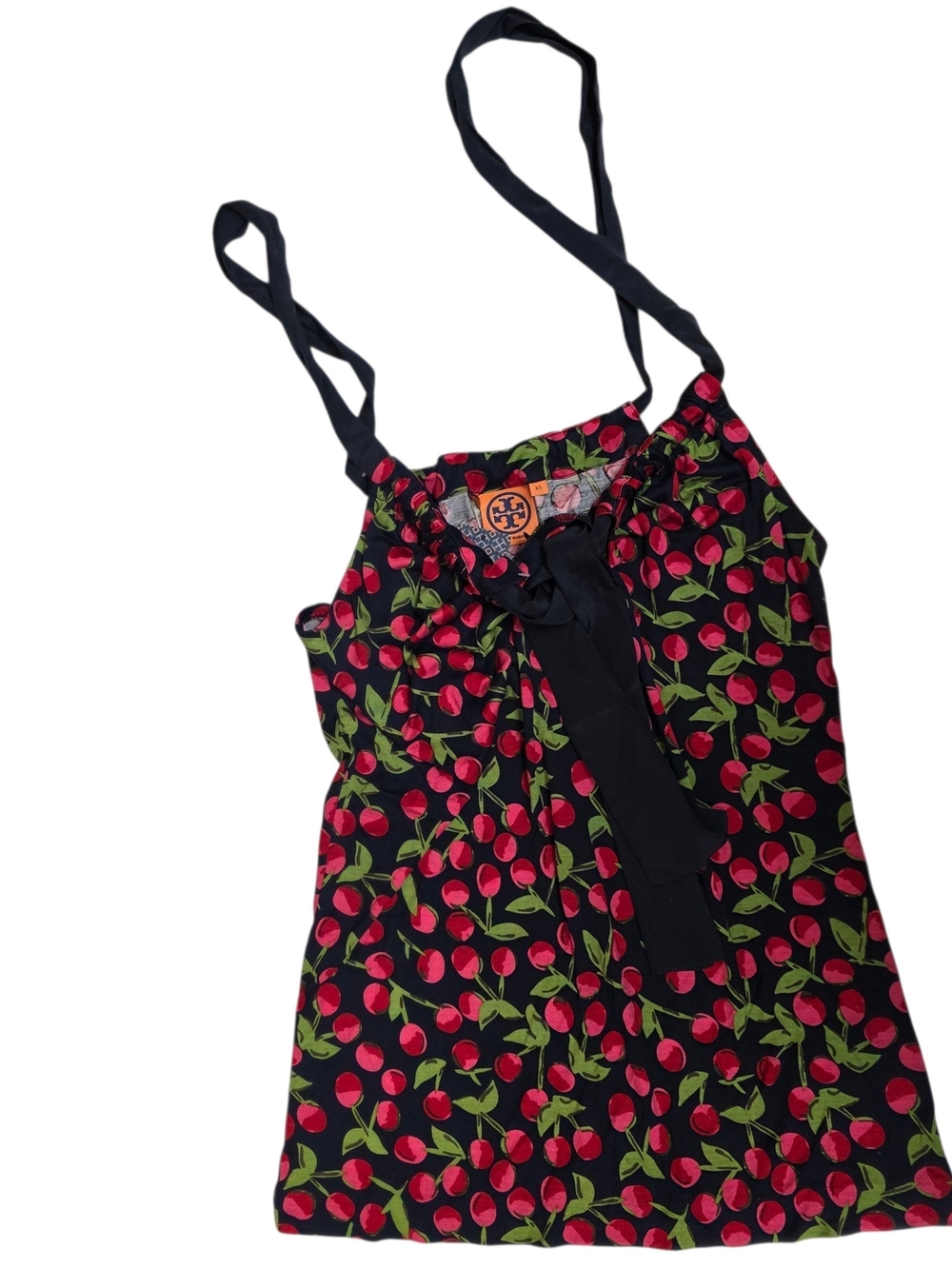 Tory Burch Tamara Top 100% Silk Sleeveless Tank Front Tie Cherry Navy Sz XS New